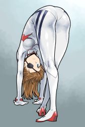 Rule 34 | 1girl, ass, ass focus, blue eyes, bodysuit, breasts, brown hair, evangelion: 3.0+1.0 thrice upon a time, expressionless, eyepatch, flexible, full body, highres, looking at viewer, medium breasts, neon genesis evangelion, plugsuit, rebuild of evangelion, shiny clothes, simple background, solo, souryuu asuka langley, tsunamino yuu, white bodysuit