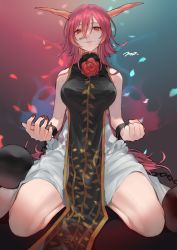Rule 34 | 1girl, ball and chain restraint, bare shoulders, blue background, chain, clenched hand, commentary request, cuffs, eyebrows hidden by hair, fingernails, fire, fire, flower, gold trim, gradient background, hair between eyes, highres, horns, ibaraki douji (touhou), leaf print, long hair, looking at viewer, makita (vector1525), nail polish, oni horns, parted lips, pink background, pink eyes, pink hair, red nails, rose, seiza, shackles, sharp fingernails, shirt, signature, sitting, skirt, sleeveless, sleeveless shirt, smile, solo, tabard, thighs, touhou, very long hair, white shirt, white skirt