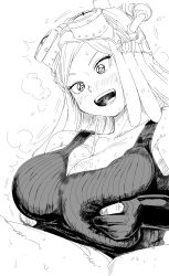 Rule 34 | 1boy, 1girl, absurdres, blush, boku no hero academia, breasts, cleavage, collarbone, cum, cum on body, cum on breasts, cum on upper body, ejaculation between breasts, gloves, goggles, goggles on head, hatsume mei, highres, kaiman garupan, large breasts, long hair, open mouth, paizuri, smile, symbol-shaped pupils, tank top, white background