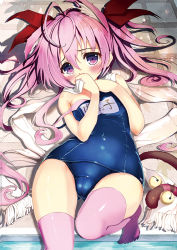 Rule 34 | 1girl, akabane (zebrasmise), animal ears, bell, blush, cameltoe, cat ears, cat tail, hair ribbon, jingle bell, long hair, looking at viewer, off shoulder, one-piece swimsuit, original, pink hair, pink thighhighs, purple eyes, ribbon, scarf, school swimsuit, solo, strap slip, swimsuit, tail, thighhighs, twintails