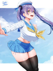 Rule 34 | 1girl, beret, black thighhighs, blue sailor collar, blue skirt, blue sky, blush, breasts, brown eyes, crop top, crop top overhang, hat, highres, large breasts, long hair, long sleeves, looking at viewer, neckerchief, oekakizuki, open mouth, original, pleated skirt, purple hair, sailor collar, skindentation, skirt, sky, smile, solo, thighhighs, thighs, twintails, white hat
