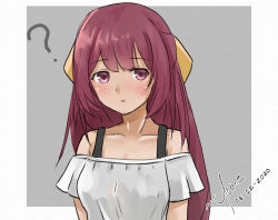 Rule 34 | 1girl, ?, alternate costume, blouse, border, bow, casual, commentary request, dated, grey background, hair bow, kamikaze (kancolle), kantai collection, long hair, looking at viewer, one-hour drawing challenge, purple eyes, purple hair, shirt, signature, solo, two-tone background, upper body, white border, white shirt, yellow bow, yume (mi yu601)