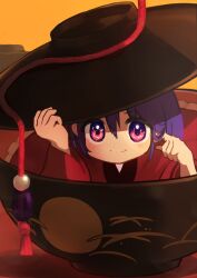 Rule 34 | 1girl, absurdres, black hat, blush, bowl, bowl hat, closed mouth, hair between eyes, hangaku th, hat, highres, in bowl, in container, japanese clothes, kimono, long sleeves, looking at viewer, pink eyes, purple hair, red kimono, short hair, smile, solo, sukuna shinmyoumaru, touhou, wide sleeves