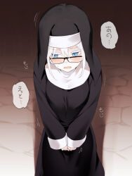 Rule 34 | 1girl, asutora, asutora-chan, black-framed eyewear, black dress, blue eyes, blush, commentary request, dress, glasses, hair between eyes, highres, long sleeves, looking to the side, nun, open mouth, original, solo, speech bubble, translation request, white hair