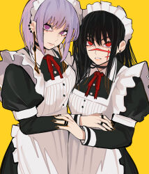 Rule 34 | 2girls, absurdres, apron, black hair, black nails, bow, bowtie, chainsaw man, ear piercing, earrings, fami (chainsaw man), highres, jewelry, looking at viewer, maid day, multiple girls, multiple moles, piercing, purple eyes, purple hair, red bow, red bowtie, red eyes, ringed eyes, sailen0, scar, scar on face, white apron, yellow background, yoru (chainsaw man)