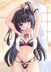 Rule 34 | 1girl, armpits, arms up, black bra, black hair, black panties, blush, bow, bow bra, bow panties, bra, bracelet, breasts, closed mouth, commentary, groin, hair ornament, hair tie, hair tie in mouth, hairclip, hands in hair, highres, hiyada yuu, indoors, jewelry, long hair, looking at viewer, medium breasts, mouth hold, multi-strapped panties, navel, open clothes, open shirt, original, panties, purple eyes, shirt, sleeveless, sleeveless shirt, solo, standing, sunlight, tying hair, underwear, very long hair, white shirt, window