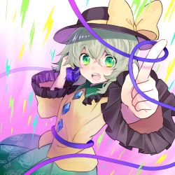 Rule 34 | 1girl, black hat, bow, cowboy shot, floral print, gradient background, green eyes, green hair, green skirt, hat, hat bow, highres, holding, holding phone, index finger raised, komeiji koishi, looking at viewer, nr myt, open mouth, phone, pink background, pointing, rose print, shirt, short hair, skirt, solo, standing, teeth, touhou, upper teeth only, yellow bow, yellow shirt