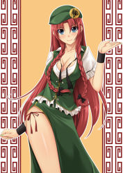 Rule 34 | 1girl, bad id, bad pixiv id, blue eyes, bow, braid, breasts, china dress, chinese clothes, chiro, cleavage, collarbone, contrapposto, dress, artistic error, female focus, hair bow, hat, hong meiling, large breasts, long hair, looking at viewer, nail polish, panties, red hair, red panties, shiny skin, side-tie panties, side slit, smile, solo, standing, star (symbol), touhou, twin braids, underwear, very long hair, wristband