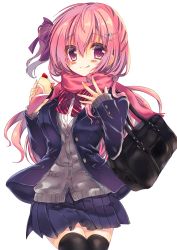 Rule 34 | 1girl, bag, black bag, black thighhighs, blush, bow, bowtie, breasts, brown cardigan, cardigan, closed mouth, commentary request, cowboy shot, crepe, fingernails, food, hair between eyes, hair bow, hair ornament, hairclip, hands up, highres, holding, holding food, honoka chiffon, jacket, long hair, long sleeves, looking at viewer, one eye closed, one side up, original, pink hair, pleated skirt, purple bow, purple eyes, purple jacket, purple skirt, red bow, red bowtie, school uniform, shirt, shoulder bag, skirt, sleeves past wrists, smile, solo, standing, striped, striped bow, thighhighs, tongue, tongue out, very long hair, wavy hair, white shirt, zettai ryouiki