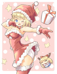 Rule 34 | alice margatroid, antlers, arnest, ass, bare shoulders, blonde hair, blue dress, blue eyes, blush, border, bow, bowtie, breasts, chibi, cleavage, closed eyes, detached collar, dress, fur-trimmed dress, fur-trimmed gloves, fur-trimmed headwear, fur-trimmed legwear, fur trim, gift, gloves, hair bow, hat, highres, horns, large breasts, looking at viewer, one eye closed, open mouth, outstretched arms, panties, pink background, red bow, red dress, red gloves, red headwear, red legwear, reindeer antlers, santa costume, santa dress, santa hat, shanghai doll, short dress, short hair, smile, star (symbol), thighhighs, thighs, touhou, underwear, white border, white panties