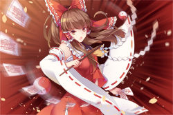 Rule 34 | &gt;:o, 1girl, :o, ahoge, ascot, blunt bangs, bow, breasts, brown eyes, brown hair, budget sarashi, cowboy shot, detached sleeves, floating, floating object, frilled bow, frilled shirt collar, frills, gohei, hair bow, hair tubes, hakurei reimu, long hair, long sleeves, looking at viewer, medium breasts, motion blur, ofuda, open mouth, orb, ponytail, red bow, red ribbon, red skirt, red vest, ribbon, ribbon-trimmed sleeves, ribbon trim, sarashi, serious, sidelocks, skirt, solo, standing, touhou, translation request, v-shaped eyebrows, vest, wide sleeves, yellow ascot, yin yang, yin yang orb