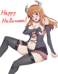 Rule 34 | 1girl, acchan, alternate costume, babydoll, black gloves, black panties, black thighhighs, blunt bangs, blush, breasts, bridal gauntlets, cleavage, commentary, covering privates, covering breasts, demon horns, elbow gloves, english text, fake horns, frown, girls und panzer, gloves, halloween costume, happy halloween, holding, horns, invisible chair, large breasts, lingerie, long hair, looking at viewer, navel, open mouth, orange eyes, orange hair, panties, simple background, sitting, solo, takebe saori, thighhighs, underwear, white background