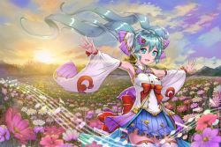 Rule 34 | 1girl, absurdly long hair, anniversary, aqua eyes, aqua hair, artist name, artist request, bare shoulders, blue eyes, blue hair, blue skirt, blurry, blush, bow, buttons, cloud, collared shirt, crazypen, depth of field, female focus, field, flower, flower field, hair ornament, hatsune miku, long hair, looking at viewer, musical note, outdoors, outstretched arms, red bow, shirt, short sleeves, skirt, sky, smile, solo, star (symbol), star hair ornament, sunrise, twintails, very long hair, vocaloid, white legwear, white shirt