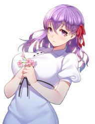 Rule 34 | 1girl, black ribbon, blurry, breasts, closed mouth, depth of field, dutch angle, eyebrows, eyelashes, fate/stay night, fate (series), flower, ganik (pisshine), hair between eyes, hair ribbon, half updo, holding, holding flower, large breasts, lens flare, long hair, looking at viewer, matou sakura, official alternate costume, own hands together, pink flower, polo shirt, puffy short sleeves, puffy sleeves, purple hair, red ribbon, ribbon, short sleeves, simple background, solo, sparkle, upper body, white background