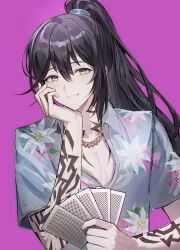 Rule 34 | 1boy, arm tattoo, black hair, blue shirt, bonno sasu, card, floral print, grin, high ponytail, highres, holding, holding card, hong lu (project moon), jewelry, limbus company, long hair, looking at viewer, necklace, pink background, project moon, shirt, short sleeves, simple background, smile, solo, tattoo, upper body, very long hair