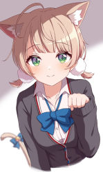 Rule 34 | 1girl, ahoge, animal ear fluff, animal ears, black bow, black bowtie, blush, bow, bowtie, cardigan, cat ears, cat girl, cat tail, closed mouth, collared shirt, dress shirt, green eyes, grey cardigan, hachiman tanuki, hair ornament, highres, indie virtual youtuber, light brown hair, looking at viewer, loose bowtie, low twintails, paw pose, pom pom (clothes), pom pom hair ornament, shigure ui (vtuber) (2nd costume), shigure ui (vtuber), shirt, short hair, short twintails, smile, solo, tail, tail bow, tail ornament, twintails, virtual youtuber, white shirt