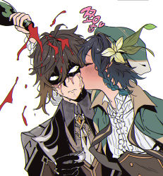 Rule 34 | 2boys, alcohol, black gloves, black hair, blue hair, bottle, braid, brown hair, cape, closed eyes, closed mouth, cup, drunk, flower, genshin impact, gloves, gradient hair, green cape, green headwear, hair between eyes, hat, holding, holding cup, hwan (mob hwan), jacket, kiss, kissing cheek, korean text, long sleeves, male focus, multicolored hair, multiple boys, pouring, shaded face, side braids, simple background, upper body, venti (genshin impact), wet, white background, yellow eyes, zhongli (genshin impact)