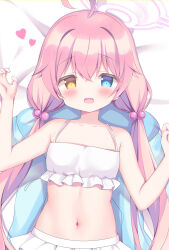 Rule 34 | 1girl, :d, azumi kazuki, bare arms, bare shoulders, bed sheet, bikini, blue archive, blue eyes, blush, breasts, collarbone, commentary request, frilled bikini, frills, hair between eyes, hair bobbles, hair ornament, halo, hands up, heart, heterochromia, highres, hoshino (blue archive), hoshino (swimsuit) (blue archive), long hair, looking at viewer, low twintails, lying, navel, on back, open mouth, pink hair, small breasts, smile, solo, swimsuit, twintails, very long hair, white bikini, yellow eyes