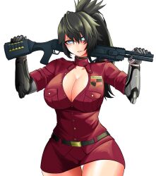 Rule 34 | 1girl, absurdres, arms up, belt, black hair, blue eyes, blush, breasts, choker, cleavage, cleavage cutout, clothing cutout, commission, cosplay, gun, highres, jacket, joints, kisu, large breasts, long hair, mechanical arms, miniskirt, ponytail, red jacket, robot joints, saltnvalk, seras victoria, seras victoria (cosplay), shotgun, skirt, solo, thigh gap, vrchat, weapon