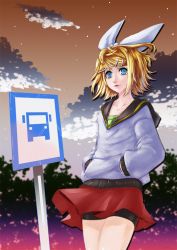 Rule 34 | 1girl, bike shorts, blonde hair, blue eyes, bow, collarbone, hair bow, hair ornament, hairclip, hands in pocket, hands in pockets, hood, hoodie, kagamine rin, long sleeves, paolo antonio aguasin, road sign, sign, skirt, solo, vocaloid, wind, wind lift