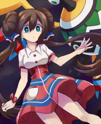 Rule 34 | 1girl, bow, breasts, bright pupils, brown hair, buttons, commentary request, creatures (company), double bun, floating hair, game freak, gen 5 pokemon, green eyes, hair between eyes, hair bun, hair ribbon, high-waist skirt, irouha, knees, long hair, nintendo, pantyhose, parted lips, pokemon, pokemon (creature), pokemon bw2, pokestar studios, red bow, red skirt, ribbon, rosa (pokemon), shirt, short sleeves, sigilyph, skirt, twintails, white pupils, white shirt, wrist bow