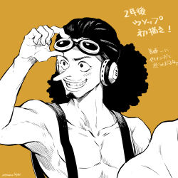 Rule 34 | 1boy, amane (yukiango69), collarbone, curly hair, eyelashes, eyewear lift, facial hair, goatee, goggles, goggles on head, greyscale with colored background, grin, headphones, highres, long nose, looking to the side, male focus, one piece, smile, suspenders, topless male, translation request, upper body, usopp