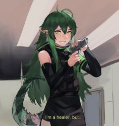 Rule 34 | 1girl, antenna hair, arknights, bare shoulders, blazpu, commentary, commission, cowboy shot, crocodilian tail, derivative work, detached sleeves, english commentary, english text, gavial (arknights), green hair, grin, gun, gundam, hair between eyes, handgun, hip vent, holding, holding gun, holding weapon, i&#039;m a healer but... (meme), indoors, long hair, looking away, meme, pistol, pointy ears, pouch, sidelocks, sketch, smile, solo, subtitled, swept bangs, tail, teeth, upper body, weapon, yellow eyes
