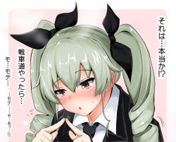 Rule 34 | 10s, 1girl, :o, anchovy (girls und panzer), black bow, black necktie, black ribbon, blush, bow, cape, drill hair, fidgeting, fingers together, flying sweatdrops, girls und panzer, green hair, hair bow, index fingers together, long hair, looking away, necktie, nose blush, pink background, poshi (ginmokusei), red eyes, ribbon, school uniform, shirt, solo, sweat, tareme, translation request, twin drills, twintails, upper body, white shirt