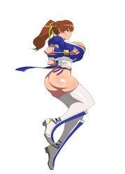 Rule 34 | 1girl, accidental exposure, ass, breasts, brown hair, bursting breasts, dead or alive, embarrassed, hair ribbon, highres, huge ass, huge breasts, jumping, kagemusha, kasumi (doa), legs, long legs, no bra, no panties, ponytail, ribbon, simple background, tecmo, thick thighs, thighhighs, thighs, white background, white thighhighs