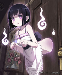 Rule 34 | 10s, 1girl, :o, bad id, bad pixiv id, bare shoulders, black hair, blush, bottomless, door, flower, ghost, hitodama, len (a-7), looking at viewer, painting (object), purple eyes, shingeki no bahamut, short hair, solo, table, through wall, vase