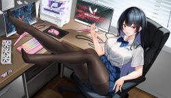 Rule 34 | 1girl, black hair, black pantyhose, blue bow, blue bowtie, blush, bow, bowtie, breast pocket, breasts, chair, collared shirt, computer, desk, full body, graphics card, highres, holding, indoors, keyboard (computer), large breasts, long hair, looking at viewer, monitor, mouse (computer), open mouth, original, otakueden1995, pantyhose, pocket, red eyes, shirt, short sleeves, sitting, smile, thighs, valorant, white shirt, window blinds, wooden floor