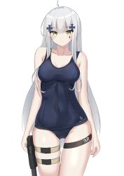 Rule 34 | 1girl, absurdres, blue one-piece swimsuit, breasts, cleavage, closed mouth, collarbone, covered navel, girls&#039; frontline, green eyes, highres, hk416 (girls&#039; frontline), holstered, long hair, looking at viewer, medium breasts, one-piece swimsuit, rynn (rynn cube), school swimsuit, silver hair, solo, standing, swimsuit, white background