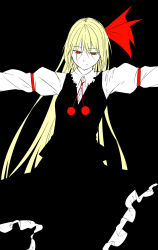 Rule 34 | 1girl, black background, blonde hair, dress, ex-rumia, female focus, flat color, hair ribbon, highres, long hair, niwatazumi, aged up, outstretched arms, red eyes, ribbon, rumia, smile, solo, touhou, very long hair