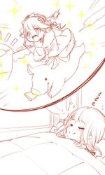 Rule 34 | 1girl, :d, bed, bed sheet, bedroom, chibi, closed eyes, closed mouth, curtains, dreaming, hair between eyes, hair ornament, long hair, long sleeves, open mouth, pig, red riding hood (sinoalice), riding, simple background, sinoalice, sketch, sleeping, smile, solo, star (symbol), teeth, teroru, white background, window, zzz