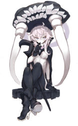 Rule 34 | 1girl, abyssal ship, arm support, black cape, black footwear, black gloves, black hat, black pantyhose, blue eyes, boots, breasts, cane, cape, crossed legs, gloves, goekawa, grey hair, hat, highres, kantai collection, leotard, long hair, medium breasts, pale skin, pantyhose, shoe soles, sitting, solo, tentacles, white background, white leotard, wo-class aircraft carrier