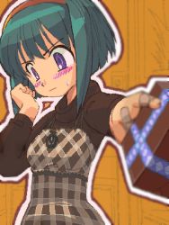 Rule 34 | 1girl, bandaid, bandaid on hand, blurry, blush, depth of field, green hair, hairband, long sleeves, lowres, oekaki, outline, outstretched arm, plaid, purple eyes, short hair, solo, tsundere, turtleneck, valentine