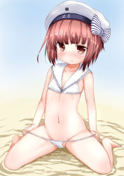 Rule 34 | 10s, 1girl, bikini, blush, brown eyes, brown hair, clothes pull, flat chest, hat, inyucchi, kantai collection, navel, one-piece swimsuit pull, sailor bikini, sailor collar, sailor hat, short hair, solo, swimsuit, white bikini, z3 max schultz (kancolle)