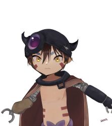 Rule 34 | 1boy, absurdres, brown hair, cape, highres, made in abyss, male focus, prosthesis, prosthetic arm, regu (made in abyss), resolution mismatch, signature, solo, source smaller, topless male, yellow eyes