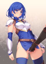 Rule 34 | 1girl, 1other, armor, ass, black gloves, blue eyes, blue hair, blush, boots, breasts, brown footwear, cameltoe, catria (fire emblem), covered navel, detached sleeves, fingering, fingerless gloves, fire emblem, fire emblem: mystery of the emblem, fire emblem: shadow dragon and the blade of light, gloves, gluteal fold, gradient background, headband, kirishima satoshi, knight, medium breasts, nintendo, panties, pantyshot, pegasus knight uniform (fire emblem), short hair, side slit, sleeveless, solo focus, thighhighs, thighhighs under boots, underwear, white background, white headband, white panties