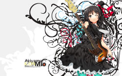 Rule 34 | 00s, 1girl, akiyama mio, bass guitar, black hair, blue nails, blue pantyhose, char, don&#039;t say &quot;lazy&quot;, dress, face, facepaint, gloves, hat, highres, instrument, k-on!, mini hat, mini top hat, nail polish, one eye closed, pantyhose, single glove, skirt, solo, top hat, wallpaper, wink