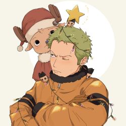 Rule 34 | 2boys, antlers, artist request, blush, christmas, christmas lights, christmas star, crossed arms, furry, furry male, green hair, highres, hooves, horns, multiple boys, one eye closed, one piece, reindeer, reindeer antlers, roronoa zoro, santa costume, tony tony chopper, winter clothes