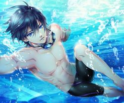 Rule 34 | abs, black hair, blue eyes, goggles, male focus, nanase haruka (free!), skinny, solo, swimming, swimsuit, topless male, underwater, water