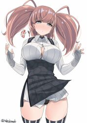 Rule 34 | 1girl, atlanta (kancolle), black panties, black skirt, black thighhighs, blush, breasts, brown hair, bursting breasts, collared shirt, dress shirt, earrings, fingerless gloves, flying button, gloves, gluteal fold, grey eyes, grey gloves, hands up, high-waist skirt, jewelry, kantai collection, large breasts, long hair, long sleeves, looking at viewer, panties, pantyshot, shirt, skirt, solo, star (symbol), star earrings, striped clothes, striped thighhighs, suspender skirt, suspenders, takase muh, thighhighs, twitter username, two side up, underwear, wardrobe malfunction, white background, white shirt