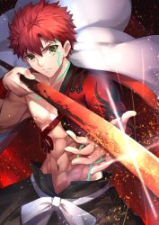Rule 34 | 1boy, abs, cape, embers, emiya shirou, expressionless, fate/grand order, fate (series), glint, glowing, glowing weapon, herigaru (fvgyvr000), highres, holding, holding sword, holding weapon, igote, looking at viewer, male focus, red hair, senji muramasa (fate), solo, sword, tattoo, toned, toned male, upper body, weapon, white cape, wristband, yellow eyes