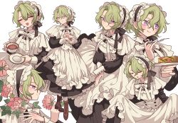 Rule 34 | 1girl, absurdres, apron, bad id, bad pixiv id, black dress, black ribbon, boots, brown footwear, closed eyes, closed mouth, collared dress, cup, dress, ensemble stars!, flower, food, fork, frilled apron, frills, genderswap, genderswap (mtf), green hair, hair between eyes, highres, holding, holding cup, holding fork, holding plate, holding saucer, long sleeves, looking at viewer, looking to the side, maid, maid apron, maid headdress, meremero, multiple views, neck ribbon, open mouth, own hands together, pink flower, pink rose, plate, profile, purple eyes, ribbon, rose, saucer, short hair, skirt hold, smile, standing, teacup, tomoe hiyori, tongue, tongue out, white apron, white ribbon