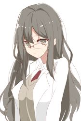 Rule 34 | 10s, 1girl, breasts, brown eyes, brown hair, brown sweater, closed mouth, collared shirt, futaba rio, glasses, hair between eyes, highres, lab coat, long hair, looking at viewer, red neckwear, seishun buta yarou, shirousa, shirt, simple background, small breasts, solo, sweater, upper body, very long hair, white background, white shirt