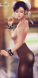 Rule 34 | 1girl, ass, back, bracelet, breasts, bun cover, capcom, chun-li, double bun, from side, highres, jewelry, looking at viewer, ningyon mereman, nipples, pantyhose, solo, spiked bracelet, spikes, street fighter, topless