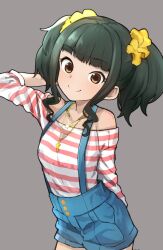 Rule 34 | 1girl, arm behind head, bare shoulders, bow, brown eyes, closed mouth, collarbone, denim, denim shorts, fujii tomo, gazacy (dai), green hair, grey background, hair bow, hair ornament, hair scrunchie, highres, idolmaster, idolmaster cinderella girls, idolmaster cinderella girls starlight stage, jewelry, long hair, long sleeves, looking at viewer, necklace, red shirt, scrunchie, shirt, shorts, simple background, smile, solo, striped clothes, striped shirt, suspender shorts, suspenders, twintails, wavy hair