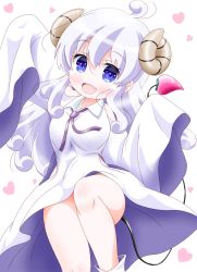 Rule 34 | 1girl, :d, ahoge, blue eyes, blush, commentary request, demon horns, demon tail, dress, fang, hair between eyes, heart, heart in eye, highres, horns, imai kazunari, leg up, lilith (machikado mazoku), looking at viewer, machikado mazoku, necktie, open mouth, purple necktie, sleeves past fingers, sleeves past wrists, smile, solo, sparkle, star (symbol), star in eye, symbol in eye, tail, tears, white background, white dress, wide sleeves