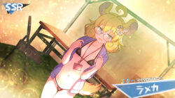 Rule 34 | 1girl, absurdres, ahoge, animal ear fluff, animal ears, bikini, black bikini, blonde hair, blurry, blurry background, blush, breasts, chair, character request, check copyright, collarbone, copyright request, depth of field, dutch angle, flower, folding chair, gameplay mechanics, groin, hair between eyes, hair flower, hair ornament, hands up, highres, jacket, lanyard, looking at viewer, navel, nyama, open clothes, open jacket, open mouth, purple-framed eyewear, purple eyes, purple jacket, semi-rimless eyewear, short sleeves, show by rock!!, small breasts, solo, standing, sweat, swimsuit, table, tail, teeth, translation request, under-rim eyewear, upper teeth only, white flower